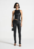 Yolande - Leather Asymmetric Tacked Racer Top - Black
