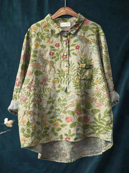 Calista | Women's Vintage Floral Animals Art Print Casual  Shirt