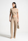 Curved Waist Tailored Trousers - Dark Beige