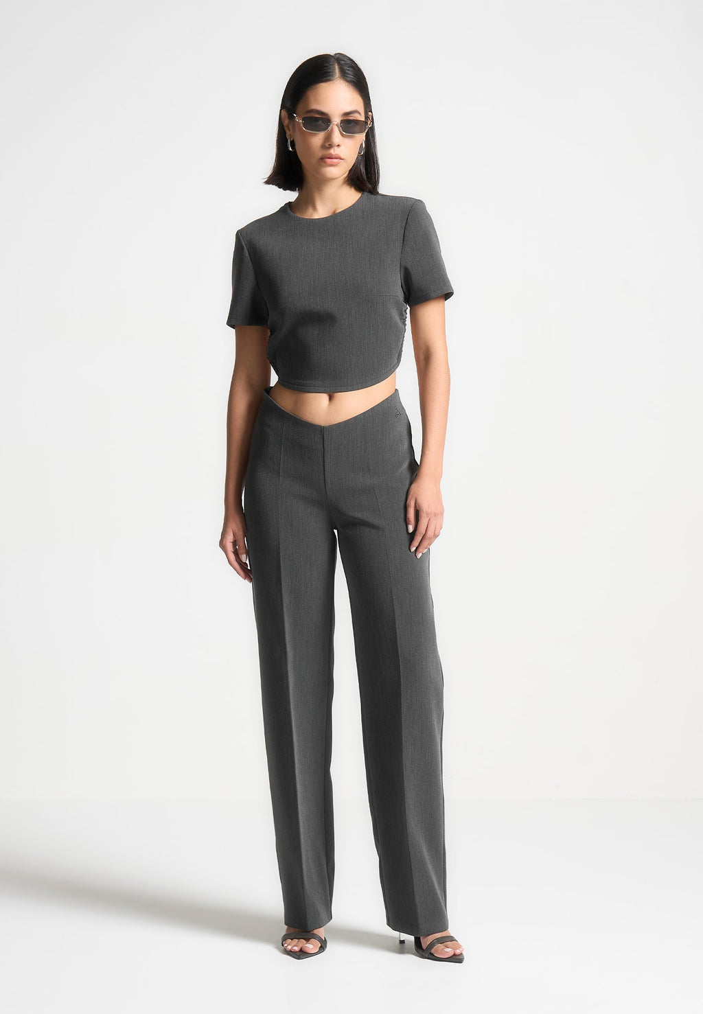 Curved Hem Backless Top with Tie - Dark Grey