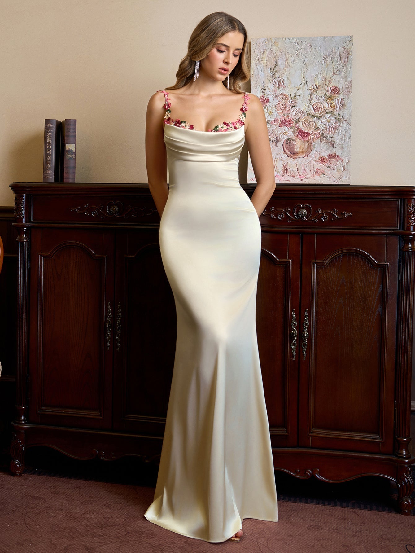 Embellished Strap Tie Back Satin Bodycon Dress