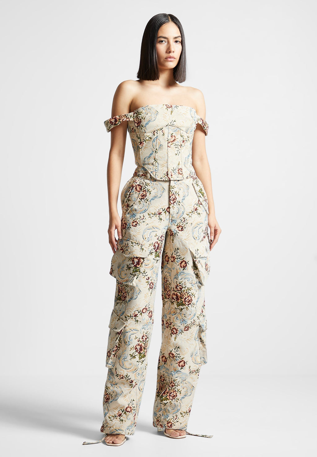 Bonnie - Floral Jacquard Bardot Corset Top - Beige