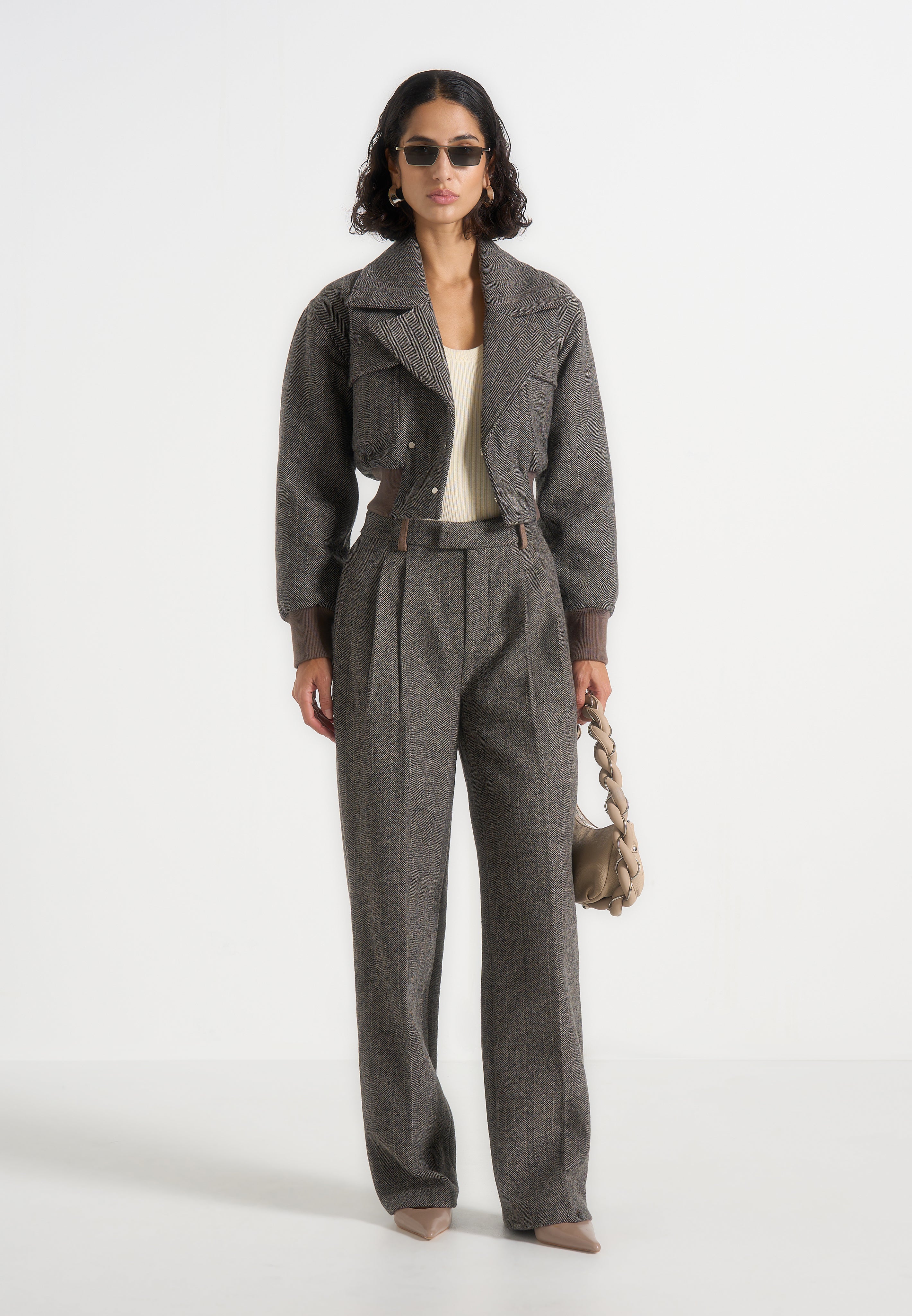 Cosette - Herringbone Wool Lapel Bomber Jacket - Grey