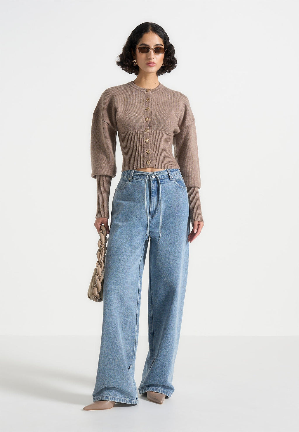 Knitted Cinch Waist Cardigan - Taupe