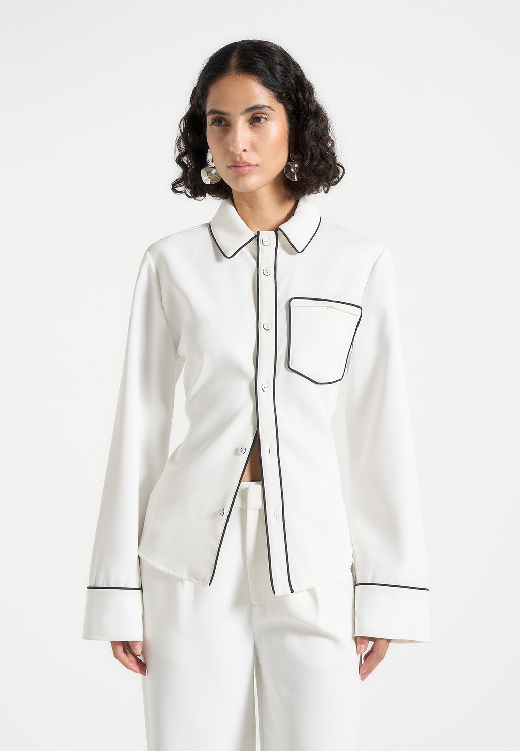 Contrast Piped Backless Tie Shirt - White/Black