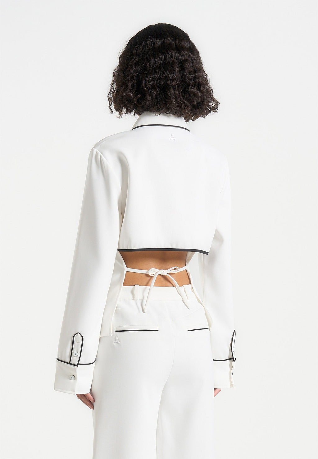 Contrast Piped Backless Tie Shirt - White/Black