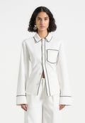 Contrast Piped Backless Tie Shirt - White/Black