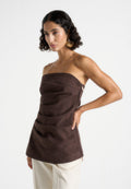 Laurena - Suede Tacked Longline Bandeau Top - Brown