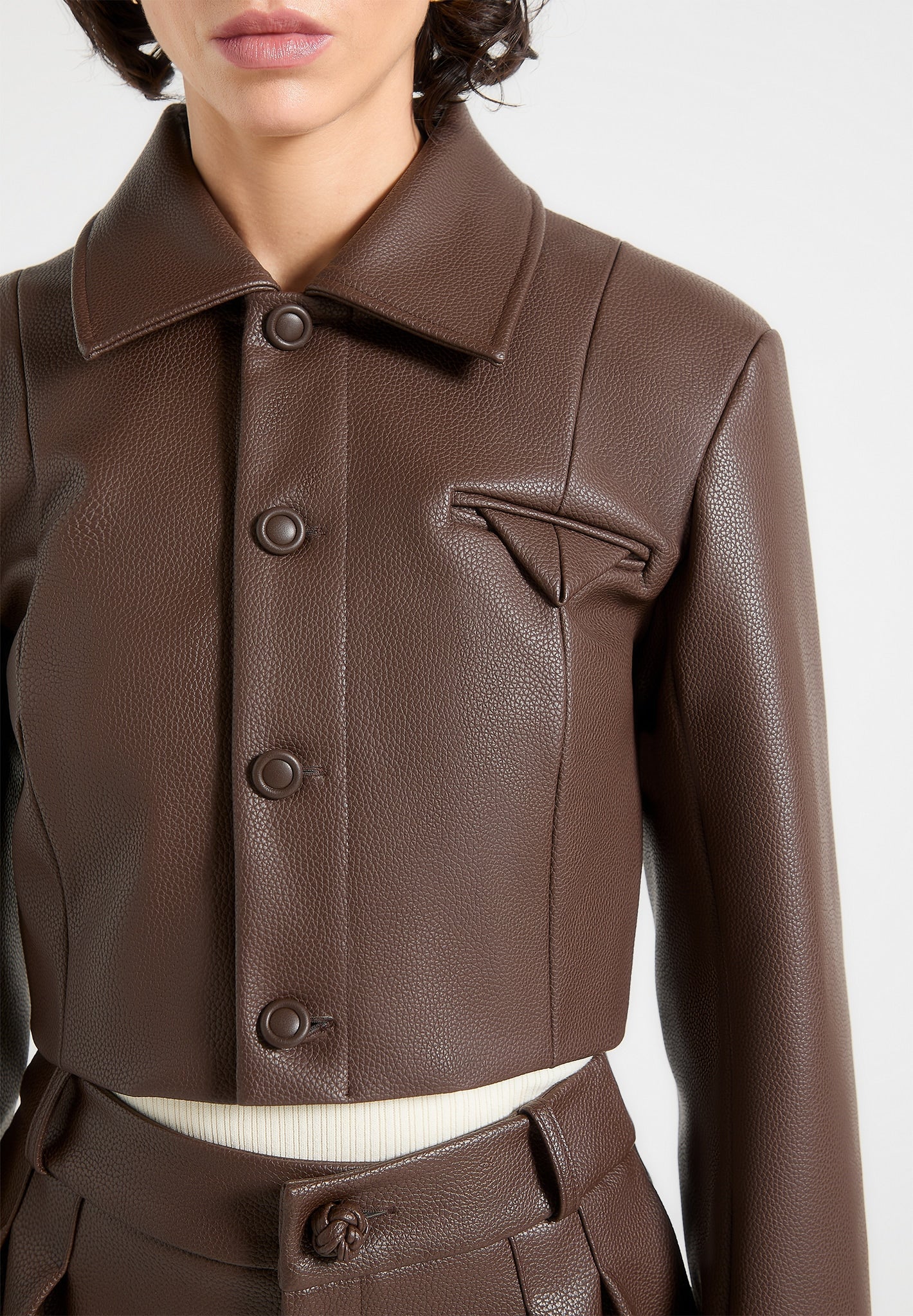 Ania - Wide Shoulder Pebbled Leather Jacket - Brown