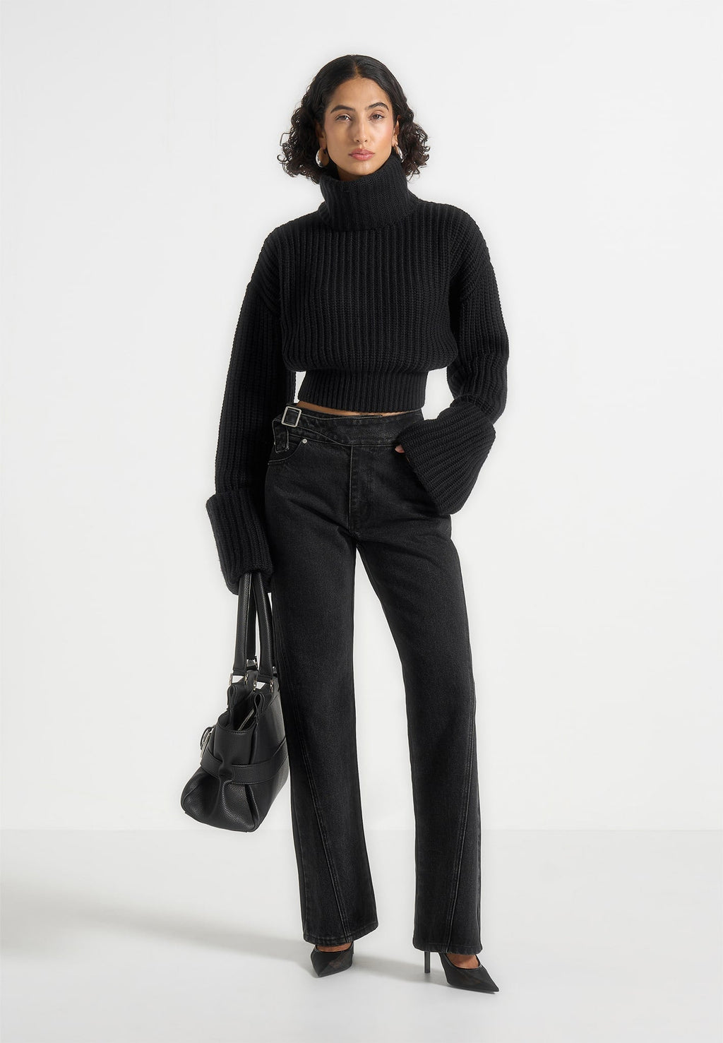 Amaya - Roll Neck Knit Jumper With Cuffs - Black