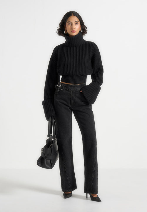 Amaya - Roll Neck Knit Jumper With Cuffs - Black