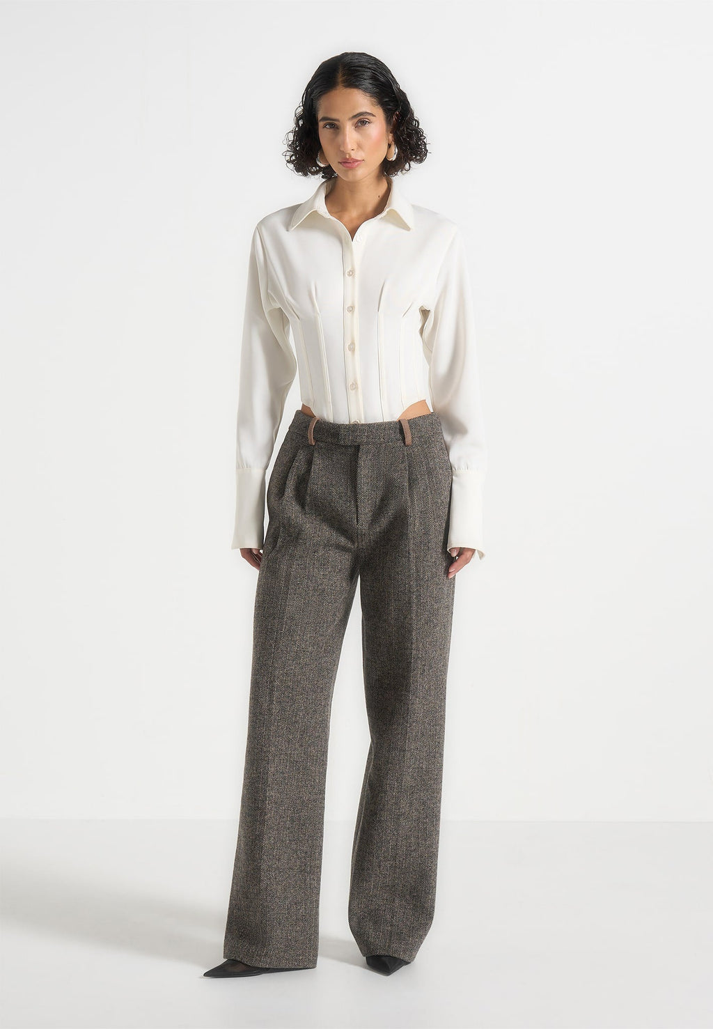 Julie - Herringbone Wool Twin Pleat Trousers - Grey
