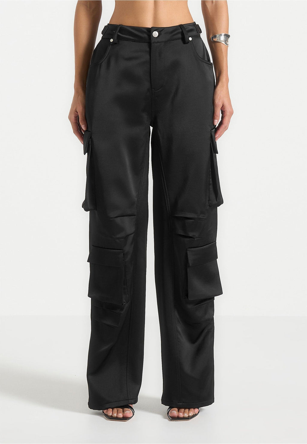 Emilie - Satin High Waisted Cargo Pants - Black