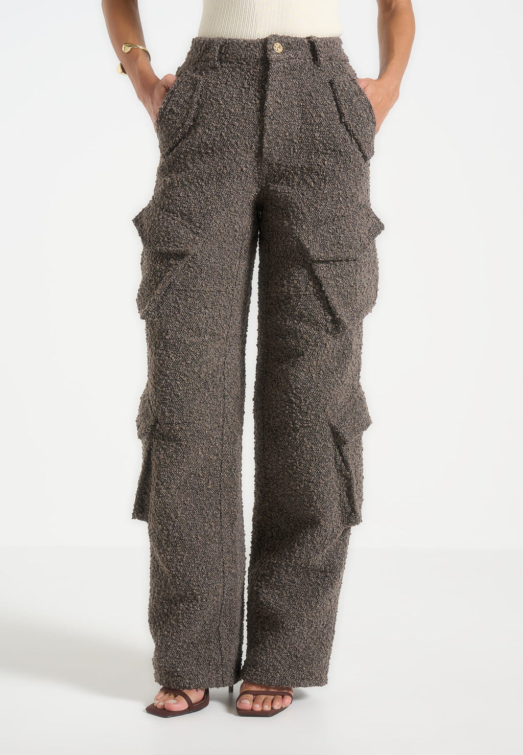 Anne - High Waisted Boucle Denim Cargo Pants - Brown