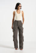 Anne - High Waisted Boucle Denim Cargo Pants - Brown