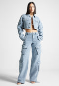 Anne - High Waisted Boucle Denim Cargo Pants - Mid Blue