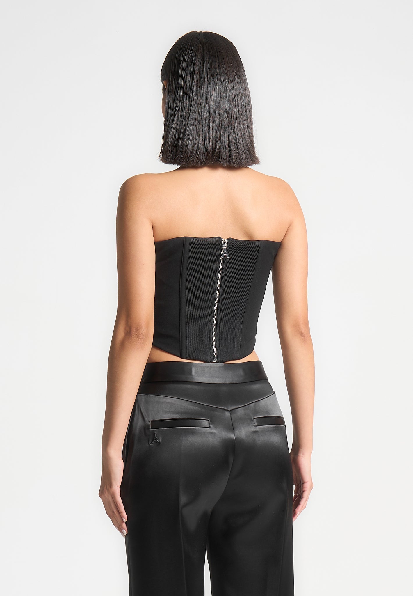 Cora - Satin Pintuck Bandeau Corset Top - Black