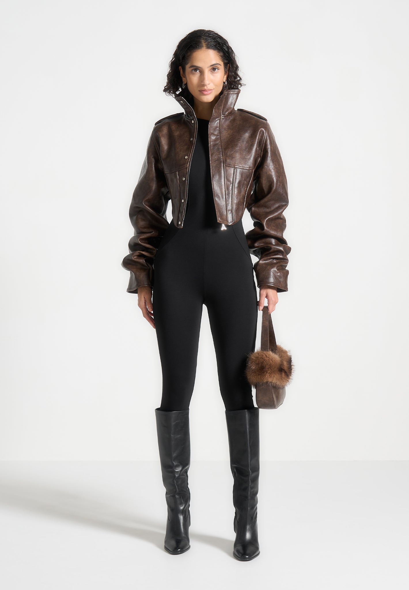 Solange - Vintage Leather Tacked Sleeve Corset Jacket - Brown