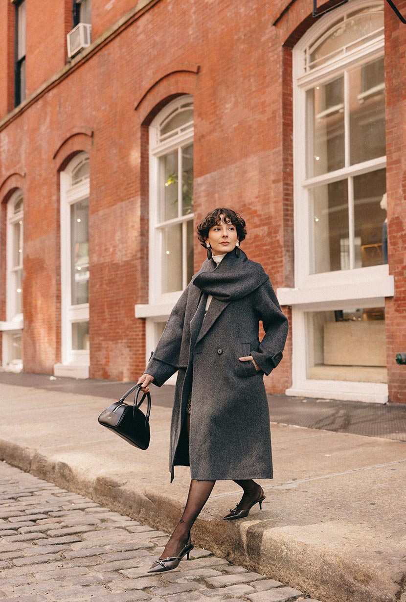 Carina Wool & Silk Scarf Coat - Charcoal