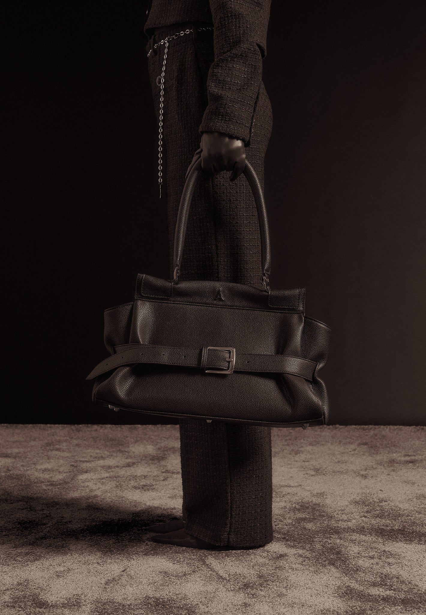 Nathalie - Tweed Trousers with Belt - Black