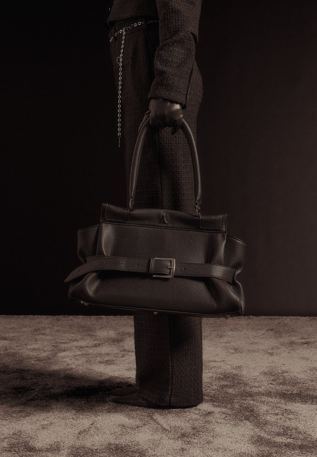 Nathalie - Tweed Trousers with Belt - Black