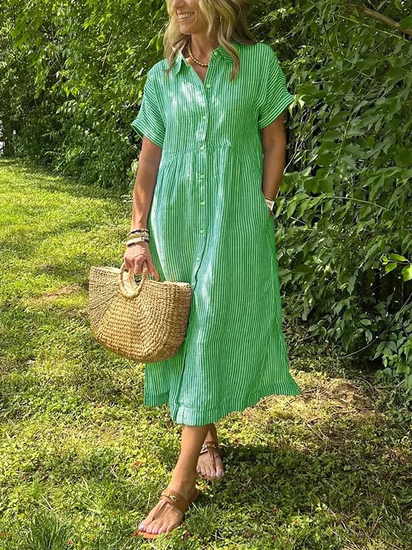Striped Lapel Button Down Shirt Dress