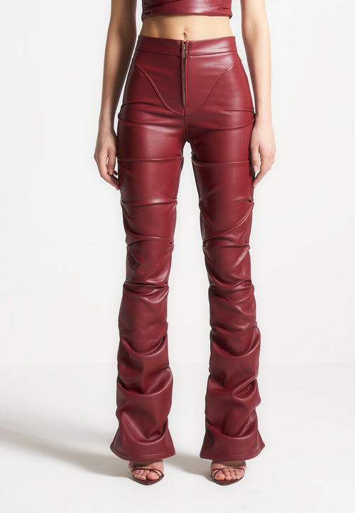 Caroline - Tacked Leather Flared Trousers - Wine Red