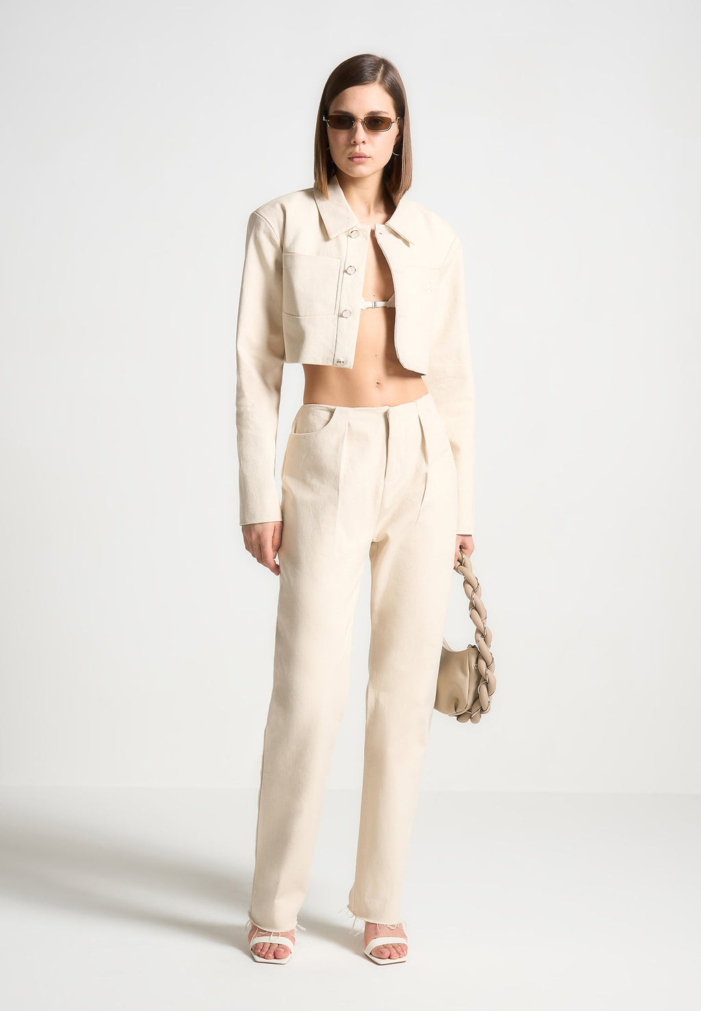 Pleated Mid Rise Straight Leg Jeans - Cream